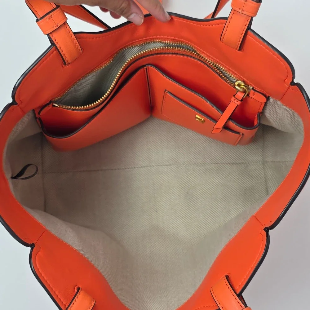 Donna Karan New York Orange Leather Tote Bag Gold Crescent Hardware Shoulder Bag